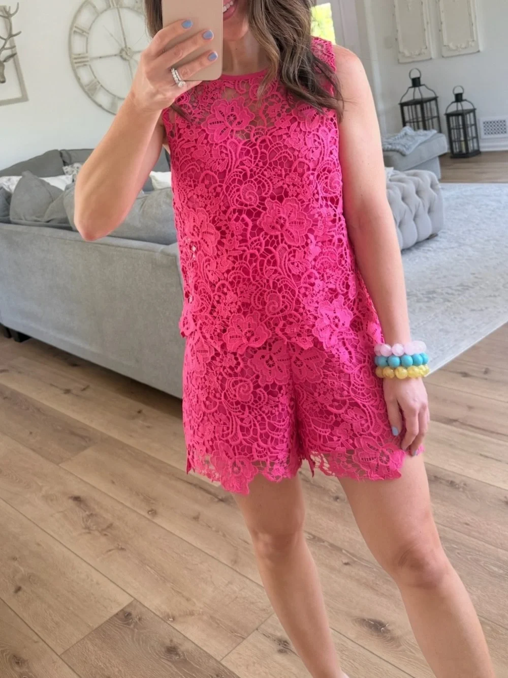 Hot Pink Floral Lace Sleeveless 2 piece short set.